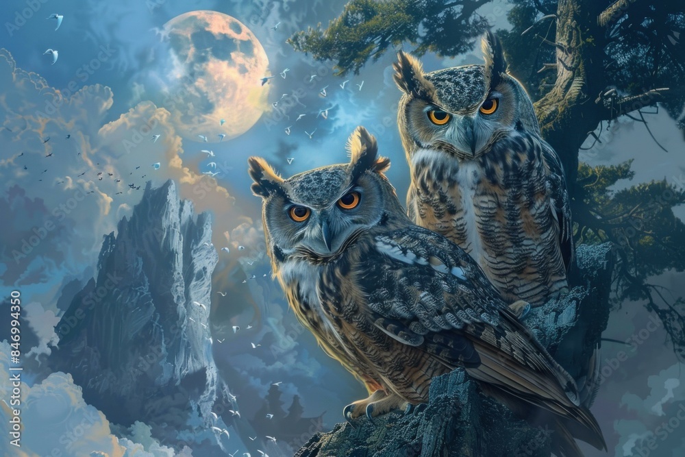 Digital art of two owls perched on a branch with a full moon and clouds Digital art of two owls perched on a branch with a full moon and clouds
