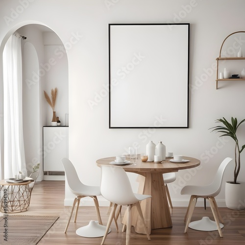 Mockup poster frames on the wall of the dining room. Modern Interior mockup. Apartment background. Modern Japandi interior design. 3D render