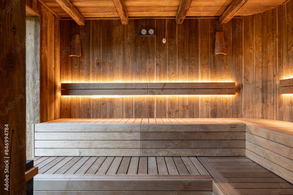 Interior of a wooden sauna with a beautiful view Interior of a wooden sauna with a beautiful view