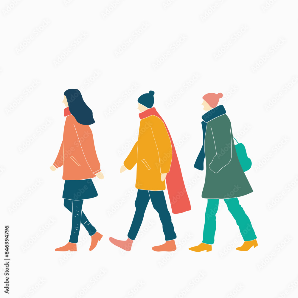 Three people walking side side, trendy modern fashion, casual streetwear. Young adults colorful coats, winter clothes, urban lifestyle. Group friends stroll, minimalistic style illustration Three people walking side side, trendy modern fashion, casual streetwear. Young adults colorful coats, winter clothes, urban lifestyle. Group friends stroll, minimalistic style illustration