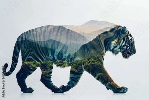 Double exposure of a walking tiger with mountain landscape inside. Symbolizing nature and wildlife connection.