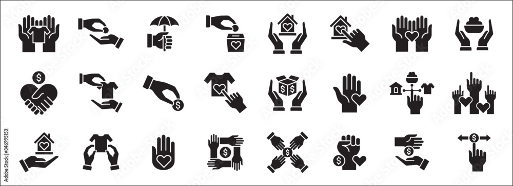 Fototapeta premium Donation and charity icon set. Clothe, home and food donation icons set. Fund donate sign. Volunteer symbol. Vector stock icons collection in thin line style design.
