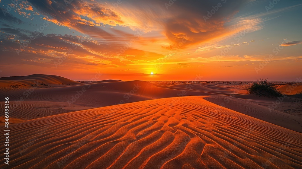 A fiery sunset casts an orange glow over a vast desert landscape, illuminating the sand dunes. A fiery sunset casts an orange glow over a vast desert landscape, illuminating the sand dunes.