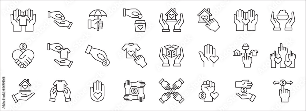 Donation and charity icon set. Fund donate sign. Clothe, home and food donation icons set. Volunteer symbol. Vector stock icons collection in thin line style design. Donation and charity icon set. Fund donate sign. Clothe, home and food donation icons set. Volunteer symbol. Vector stock icons collection in thin line style design.