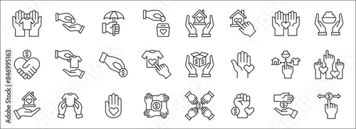 Donation and charity icon set. Fund donate sign. Clothe, home and food donation icons set. Volunteer symbol. Vector stock icons collection in thin line style design.