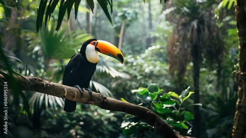 Toucan tropical bird sitting on a tree branch in natural wildlife environment in rainforest jungle : Generative AI