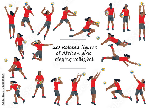 Set of African women's volleyball girl players in red T-shirts in various poses training, running, jumping, throwing, hitting the ball