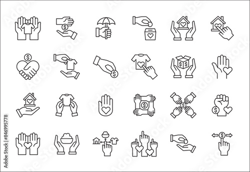 Donation and charity icon set. Fund donate sign. Clothe, home and food donation icons set. Volunteer symbol. Vector stock icons collection in thin line style design.