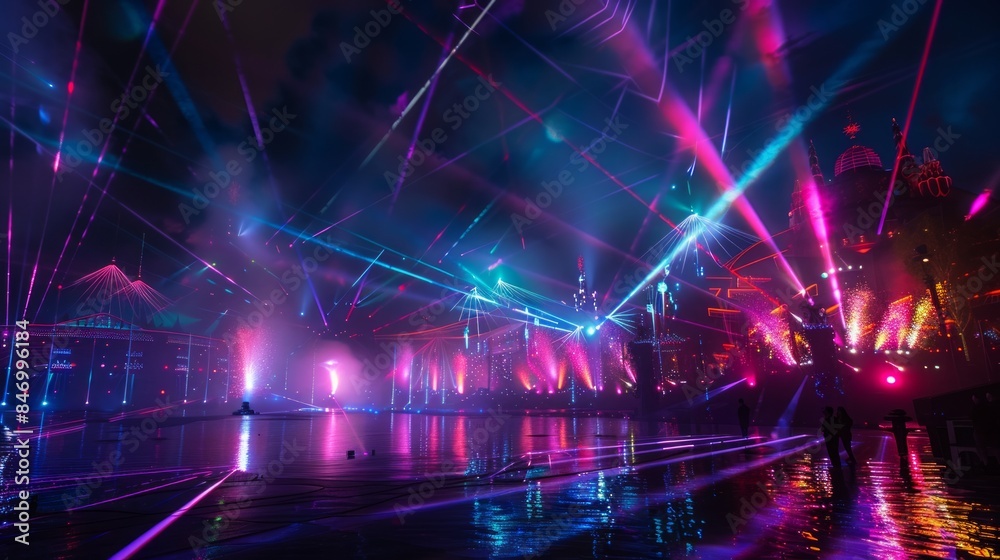 Nighttime scene with spectacular light displays at Tomorrowland Festival Nighttime scene with spectacular light displays at Tomorrowland Festival