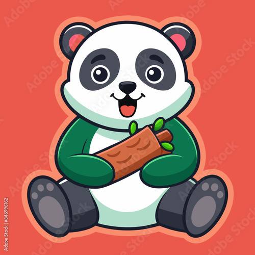 social media sticker panda eats a log illustration vector