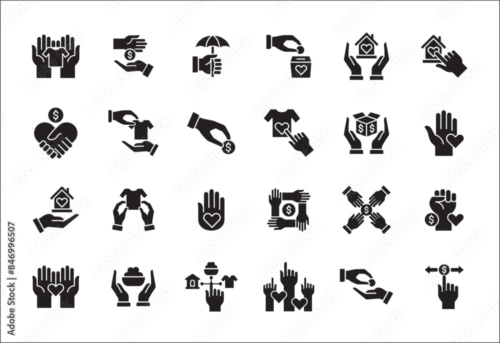 Donation and charity icon set. Clothe, home and food donation icons set. Fund donate sign. Volunteer symbol. Vector stock icons collection in thin line style design. Donation and charity icon set. Clothe, home and food donation icons set. Fund donate sign. Volunteer symbol. Vector stock icons collection in thin line style design.