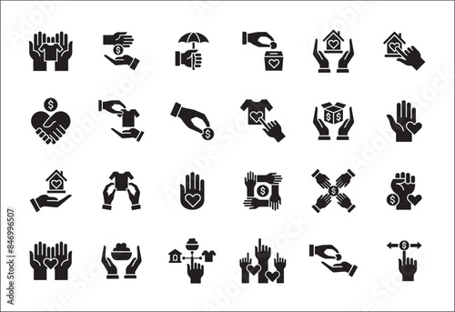 Donation and charity icon set. Clothe, home and food donation icons set. Fund donate sign. Volunteer symbol. Vector stock icons collection in thin line style design.