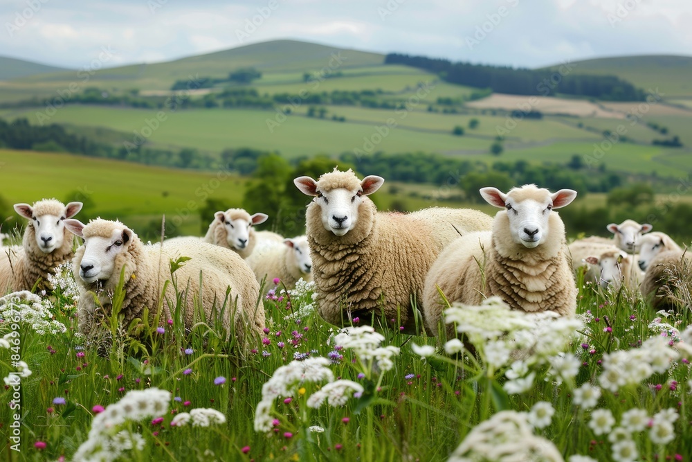 Sheep in Meadow A peaceful scene with a flock of sheep grazing in a meadow filled with wildflowers, set against a backdrop of rolling hills Sheep in Meadow A peaceful scene with a flock of sheep grazing in a meadow filled with wildflowers, set against a backdrop of rolling hills
