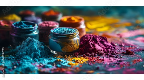 Assorted vibrant powders and paints in glass jars. photo