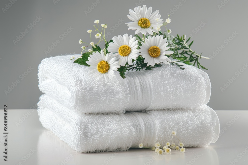 Spa Towels and Flowers Neatly folded white spa towels adorned with fresh flowers and set on a clean, minimalistic background Spa Towels and Flowers Neatly folded white spa towels adorned with fresh flowers and set on a clean, minimalistic background