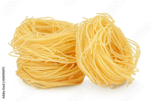 Italian pasta tagliatelle nest isolated on white background with full depth of field.