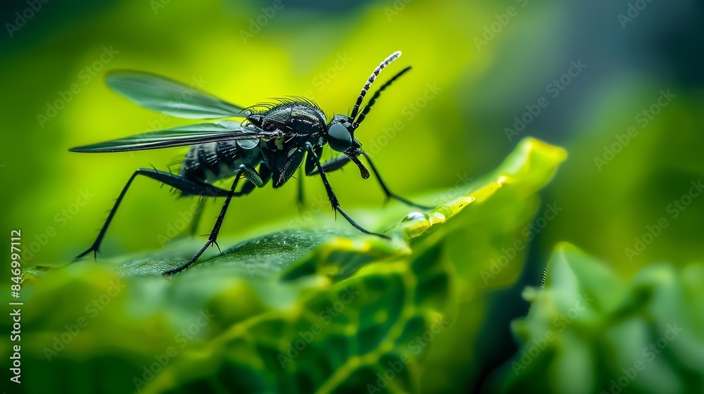 Darkwinged fungus gnat Sciaridae on a green leaf these insects are often found inside homes : Generative AI Darkwinged fungus gnat Sciaridae on a green leaf these insects are often found inside homes : Generative AI