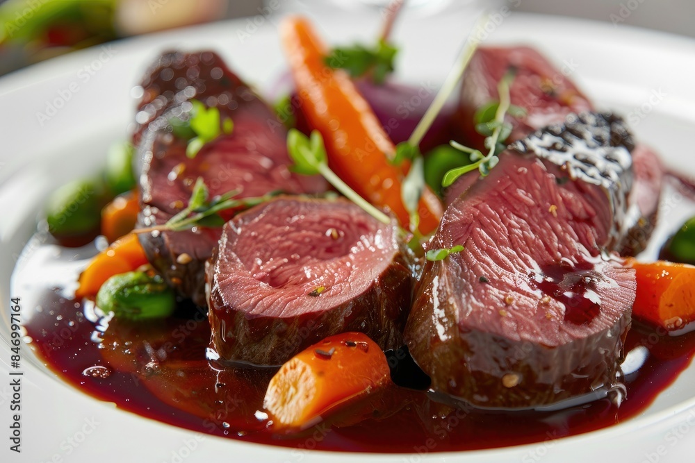 Venison Medallions Tender venison medallions cooked to perfection, plated with a rich red wine sauce and seasonal vegetables