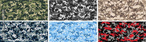 Camouflage backgrounds in green, black and grey, brown, blue and red colors for banners, paintball or outdoor