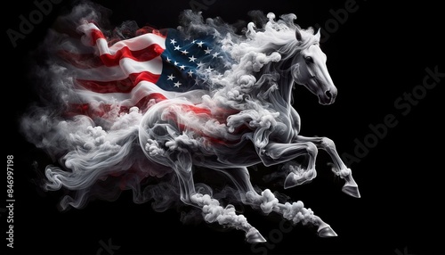 Ethereal Smoke Horse Galloping with American Flag