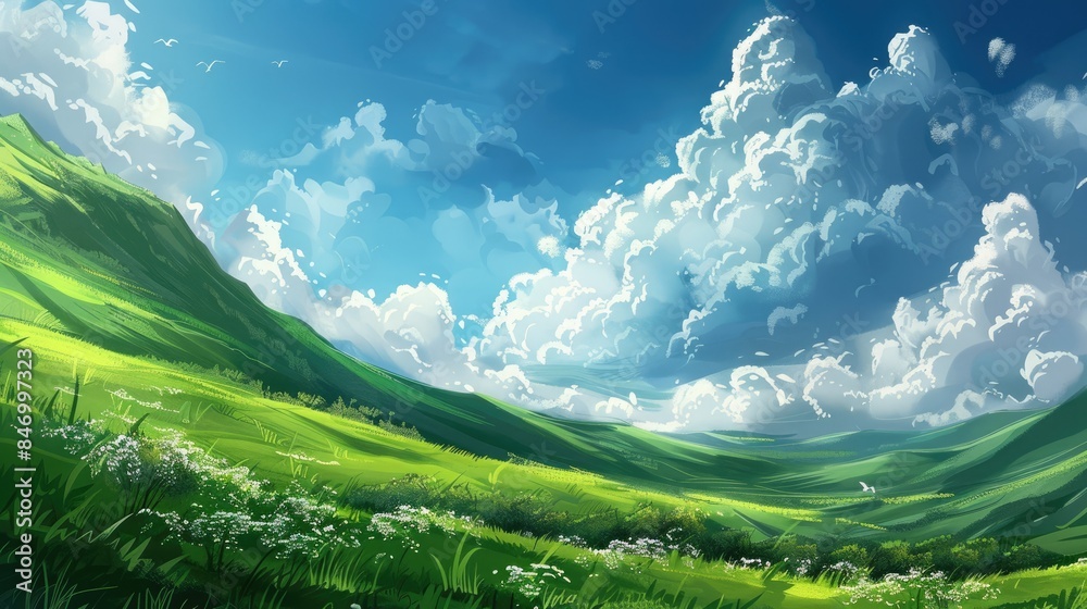 Verdant hills adorned with fluffy clouds Verdant hills adorned with fluffy clouds