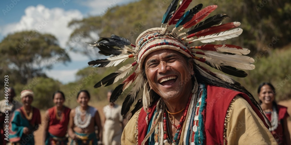 Obraz premium A joyful indigenous man with a feather headdress laughs heartily at a cultural gathering, exuding happiness