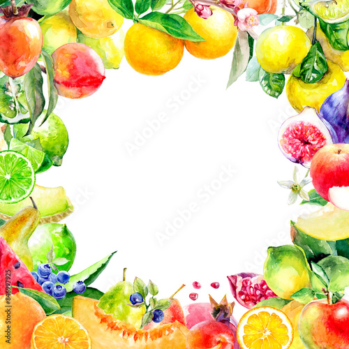 The illustration shows a colorful border of fresh fruit watercolor  perfect for summer