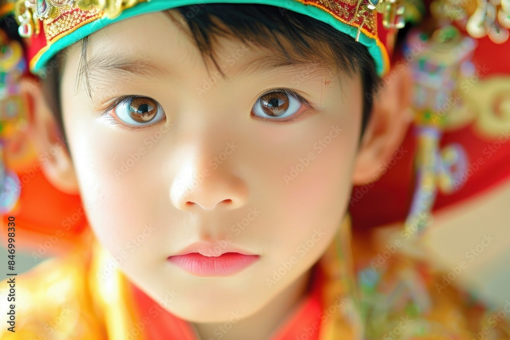 Fototapeta premium Closeup portrait of a young boy in colorful traditional asian clothing gazing upward