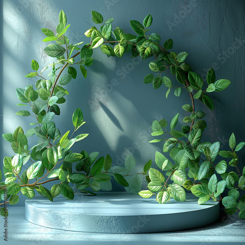 3d background products display podium scene with green leaf geometric platform