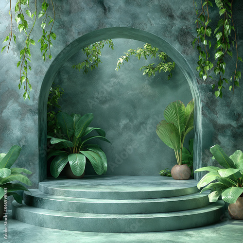 3d background products display podium scene with green leaf geometric platform