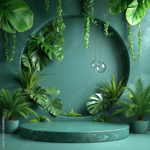3d background products display podium scene with green leaf geometric platform