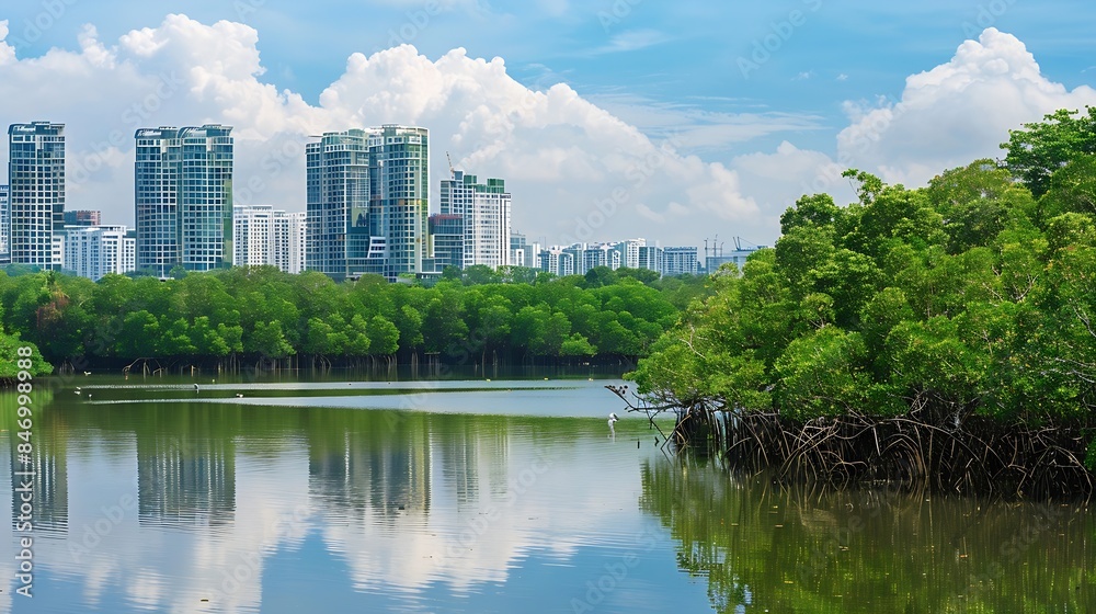 Mangrove Forest and pond in Sungei Buloh Wetland Reserve Singapore an important stopover point for migratory birdsThe background is the buildings of JOHOR BAHRU Malaysia : Generative AI Mangrove Forest and pond in Sungei Buloh Wetland Reserve Singapore an important stopover point for migratory birdsThe background is the buildings of JOHOR BAHRU Malaysia : Generative AI