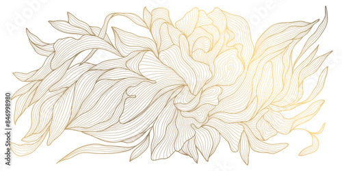 Vector gold leaf pattern, luxury flower background, line nature art deco design. Elegant foliage illustration, garden graphic, linear drawing