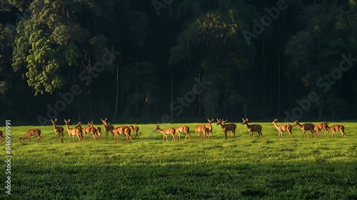 Sika or spotted deers herd in wood at Sri Lanka Wildlife and animal photoa herd of red sika deer grazes on a green meadow against the backdrop of a forest in natural habitat : Generative AI photo