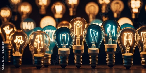 A collection of vintage Edison light bulbs glowing warmly against a dark backdrop highlights innovation and ideas