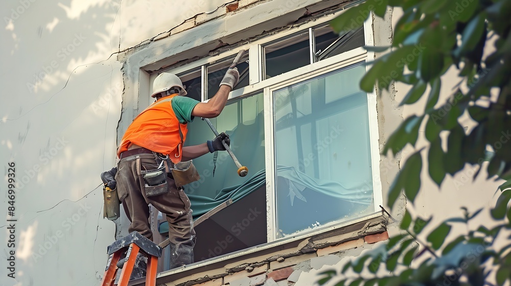 custom made wallpaper toronto digitalConstruction worker repairing the sliding window : Generative AI