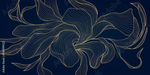 Vector gold leaf pattern, luxury flower background, line nature art deco design. Elegant foliage illustration, garden graphic, linear drawing