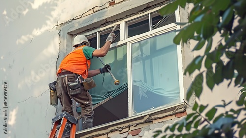 Wallpaper Mural Construction worker repairing the sliding window : Generative AI Torontodigital.ca