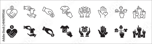 Donation and charity icon set. Clothe, home and food donation icons set. Fund donate sign. Volunteer symbol. Vector stock icons collection in thin line style design.