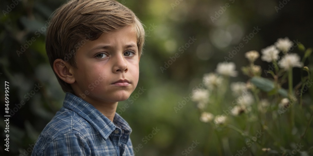 A young boy dressed in a plaid shirt looks pensive in a natural setting with soft focus flowers