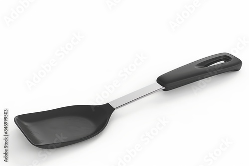 Black plastic kitchen spatula on white background. Modern kitchenware for cooking and serving. Essential tool for non-stick cookware. Simple and sleek design with ergonomic handle. Generative AI