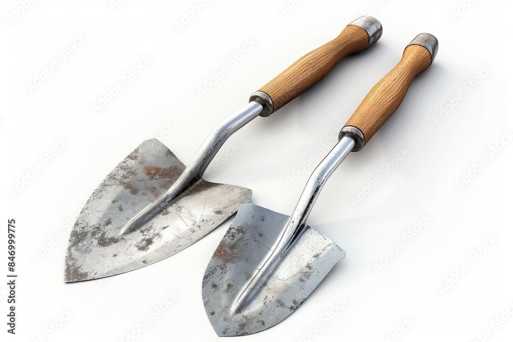 Two worn garden hand tools against a white background. The tools have wooden handles and metal blades with rust marks. This image is useful for gardening concepts or rustic themes. Generative AI Two worn garden hand tools against a white background. The tools have wooden handles and metal blades with rust marks. This image is useful for gardening concepts or rustic themes. Generative AI