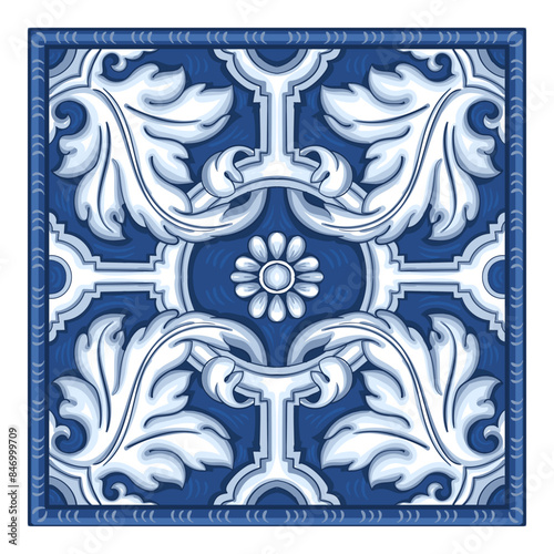 Portuguese Dutch and oriental tile in shades of blue colors. Baroque frame Vector mosaic. Capri Maiolica. Delft Blue and White. Rococo ornament