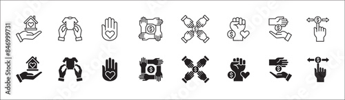 Donation and charity icon set. Clothe, home donation icons set. Fund donate sign. Volunteer symbol. Vector stock icons collection in thin line style design.