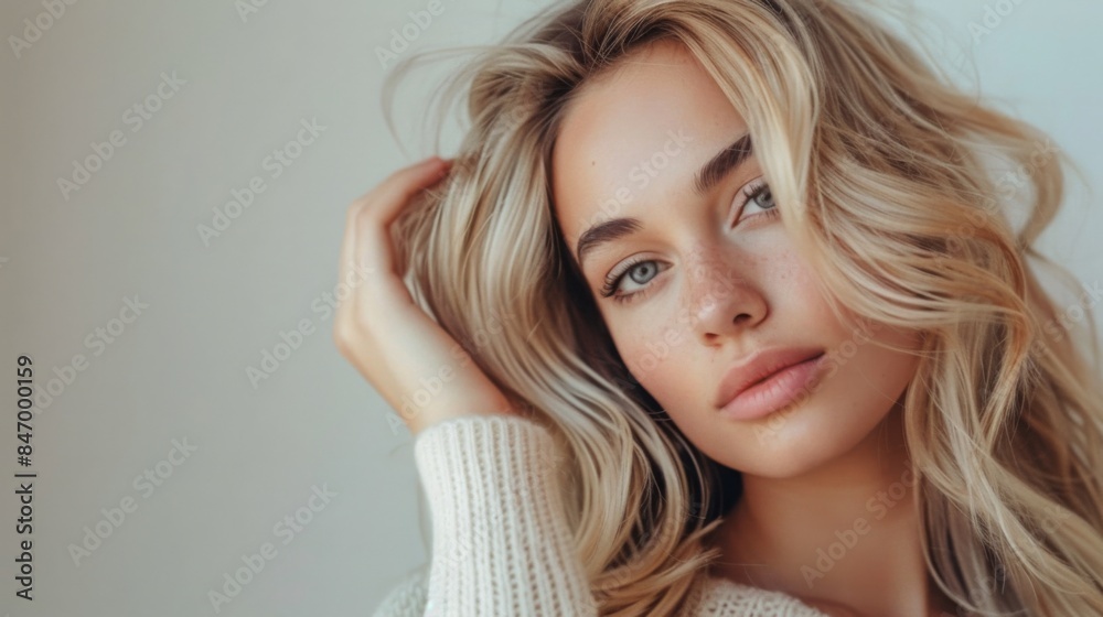 A close-up portrait of a young woman with blonde hair, wearing a white sweater and touching her face with her hand. A close-up portrait of a young woman with blonde hair, wearing a white sweater and touching her face with her hand.