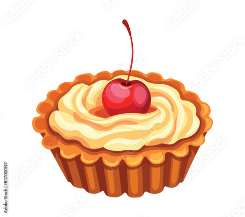 Delicious tartlet made of shortcrust pastry, butter cream and a cocktail cherry in a cartoon style. Vector illustration of tasty and sweet cake isolated on white background. Delicate dessert.
