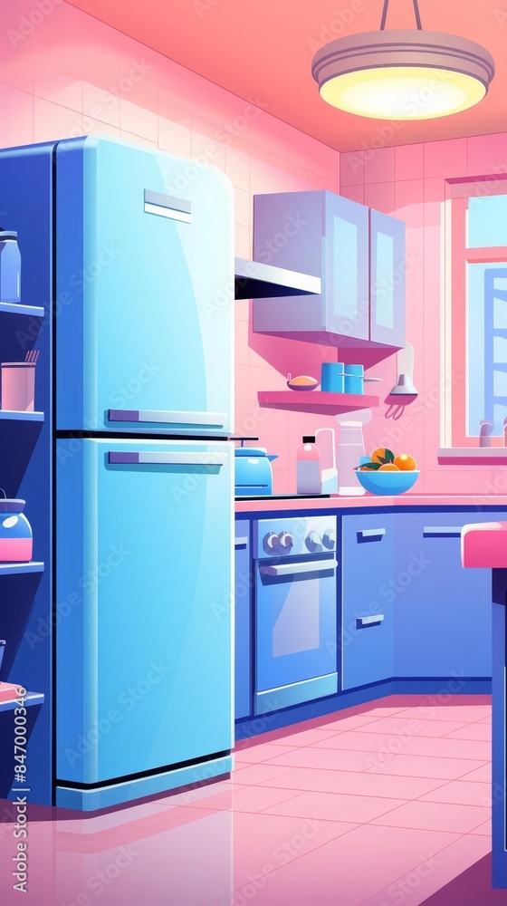 Minimalist kitchen flat design, front view, sleek appliances, cartoon drawing, analogous color scheme Minimalist kitchen flat design, front view, sleek appliances, cartoon drawing, analogous color scheme