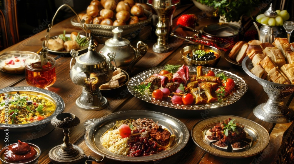 A table full of food with a variety of dishes including a large bowl of soup A table full of food with a variety of dishes including a large bowl of soup