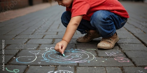 A young child is focused on drawing with chalk on a paved surface, illustrating creativity and playfulness