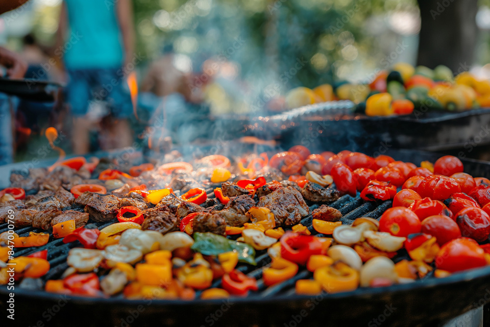 SQUARE NEW barbecue pit on the backyard. Meat and vegetable cooking on the grill. Focus on the food. Some people in the background SQUARE NEW barbecue pit on the backyard. Meat and vegetable cooking on the grill. Focus on the food. Some people in the background